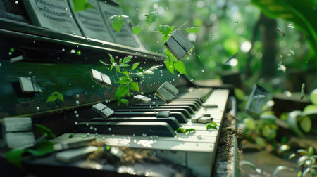Surreal imagery of falling piano keys in magical garden scene, symbolizing harmony and fantasyの素材