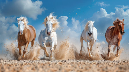 Four magnificent horses--palomino, buckskin, and two cremello--charge across sandy terrain in unisonの素材