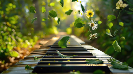 Surreal imagery of falling piano keys in magical garden scene, symbolizing harmony and fantasyの素材
