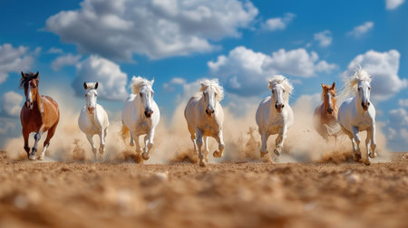 Action shot of seven majestic horses running full speed, dust clouds rising in dramatic wild landscapeの素材