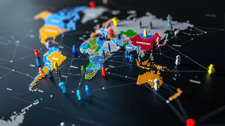 Interconnected business figures on world map, highlighting global communication and analyticsの素材