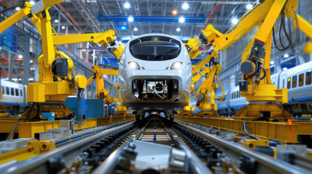 Interior of advanced train factory with robotics, sleek parts, and precision assemblyの素材