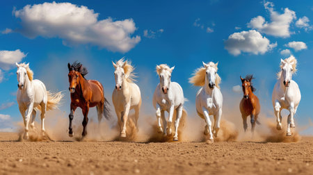 Action shot of seven majestic horses running full speed, dust clouds rising in dramatic wild landscapeの素材