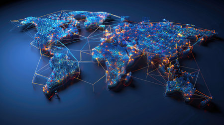 Vector world map with glowing connection points and lines, symbolizing global networkingの素材