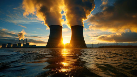 Majestic view of nuclear facility with steam rising from towers under dark, moody skyの素材