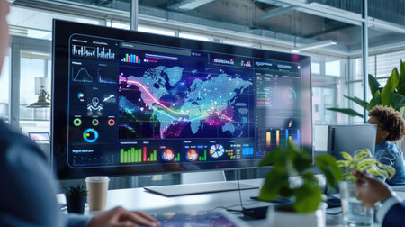 Diverse team gathers around large screen with charts, data-driven teamwork in actionの素材