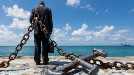 Man with briefcase held back by heavy chain and anchor, metaphor for job limitations and pressureの素材