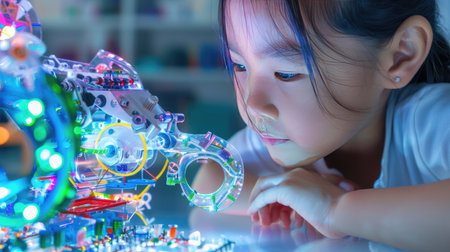 Young girl focused on creative invention, showcasing curiosity and future innovationの素材