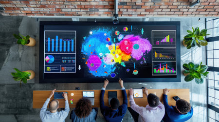 Diverse team gathers around large screen with charts, data-driven teamwork in actionの素材