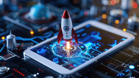 Futuristic rocket emerges from digital device, showing new business or tech breakthroughの素材