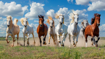 Action shot of seven majestic horses running full speed, dust clouds rising in dramatic wild landscapeの素材