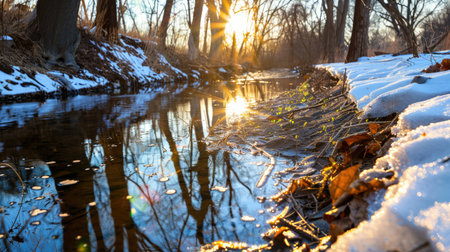 Serene early spring riverbank scene with melting snow and warm sunlight peeking through treesの素材
