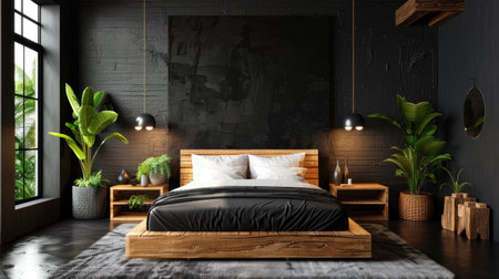 Sophisticated bedroom with dark walls, moody lighting, and minimal decor in rich texturesの素材