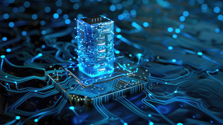 Polygon-style battery icon on blue background, showing power, charge, and digital energyの素材