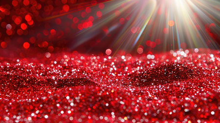 A stunning close-up of red glitter creates a vibrant and dynamic background. The soft bokeh and radiant light effects enhance its artistic appeal, ideal for decorations and creative projects.の素材