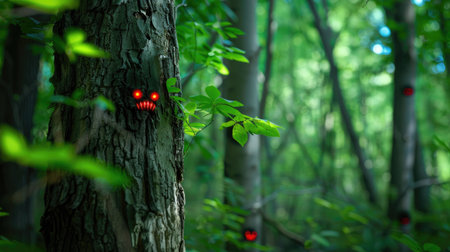 Explore a serene woodland filled with vibrant green foliage, where mysterious creatures with glowing eyes inhabit the trees, evoking a sense of wonder and fantasy.の素材
