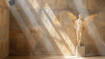 A stunning angel sculpture illuminated by soft rays of light creates a tranquil atmosphere. The serene space with natural stone walls enhances the piece's beauty and artistic expression.の素材