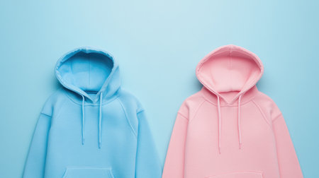 Stylish pastel pink and blue hoodies displayed on a clean light blue background, perfect for showcasing soft, trendy apparel for casual wear.の素材