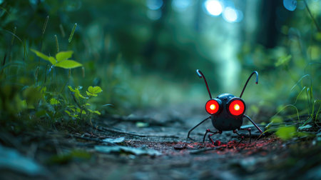 A captivating robot ant with glowing red eyes navigates a forest path, surrounded by lush greenery. The scene blends technology and nature, evoking intrigue.の素材