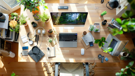 An inviting workspace featuring a laptop, various office supplies, and lush plants, all illuminated by natural light, ideal for enhancing productivity and creativity.の素材