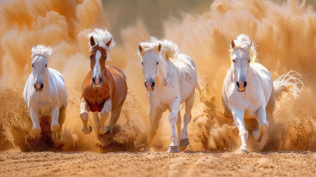 Beautiful horse quartet thundering over golden sand, manes flowing in powerful harmonyの素材