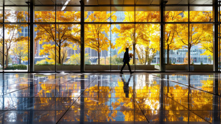 Silhouette walking inside glass building reflecting golden autumn foliage outsideの素材