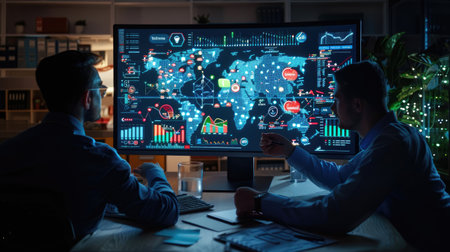 Analysts huddle over illuminated charts in dark workspace, real-time decision making visualの素材