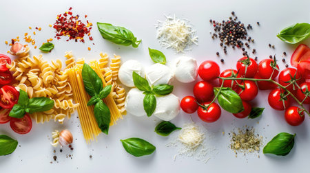 Classic Italian ingredients--pasta, basil, tomatoes, mozzarella--arranged neatly on whiteの素材