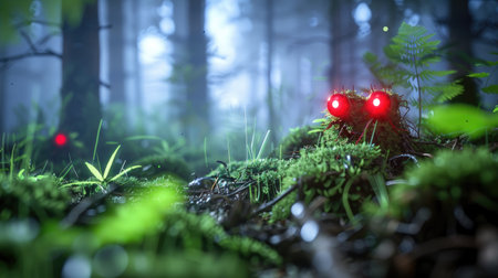 A captivating image showcasing a mysterious creature with glowing red eyes hidden among vibrant green moss in a misty forest. The enchanting ambiance invites exploration and sparks imagination.の素材