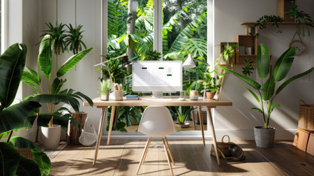 A bright home office showcasing modern decor with a desk, computer, and lush tropical plants. Natural light pours in through large windows, creating a relaxing and inspiring workspace filled with greenery and tranquility.の素材