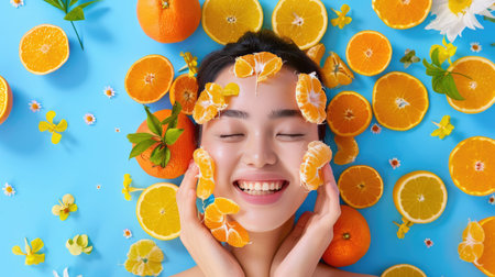 Beauty shot of woman with orange fruits, healthy lifestyle and glowing skin conceptの素材