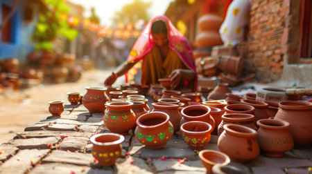 Indian pottery vendor woman at local market, showcasing handmade earthen pots in natural sunlightの素材