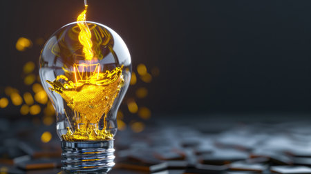 Transparent bulb filled with glowing yellow liquid, symbolizing innovation and bright ideasの素材