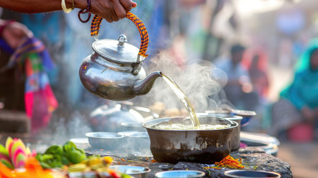 Indian chaiwala pouring hot tea from kettle at street stall, traditional beverage cultureの素材