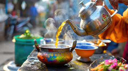 Indian chaiwala pouring hot tea from kettle at street stall, traditional beverage cultureの素材