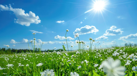 Blooming white flowers across a lush green field under a clear sunny sky, perfect spring landscapeの素材