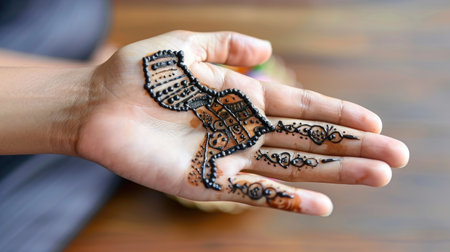 Intricate henna art on hand in the shape of India map, cultural celebration designの素材