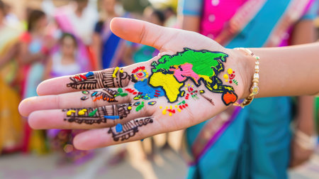 Traditional mehndi featuring Indian map drawn on palm during festive eventの素材