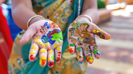 Traditional mehndi featuring Indian map drawn on palm during festive eventの素材