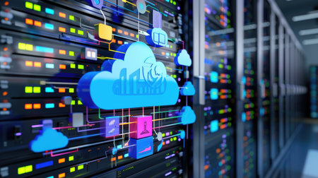 Futuristic data cloud with icons showing storage, analytics, and virtual infrastructureの素材