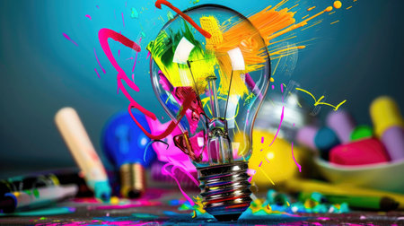 Abstract light bulb surrounded by vibrant colors and symbols of innovation and creativityの素材
