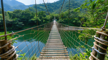 Scenic view of modern bridge with a rustic rope bridge below crossing a tranquil riverの素材