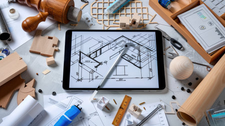 Professional architecture app interface showing design plans and modeling toolsの素材