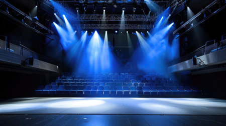 Blue-lit empty stage in a dark auditorium, atmosphere set for anticipation and grandeurの素材