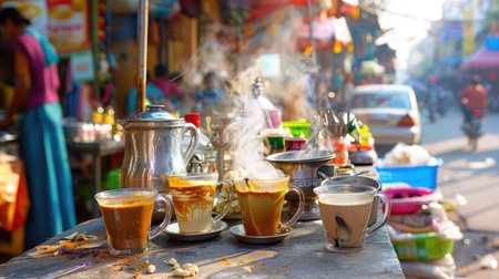 Steaming masala chai being served by vendor in bustling Indian marketplaceの素材