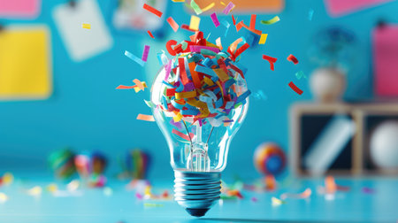 Light bulb bursting with colorful confetti inside, representing celebration of ideasの素材