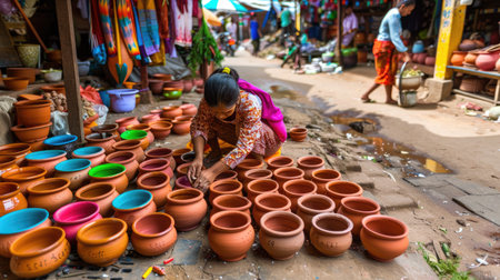 Artisan woman selling traditional clay pots in vibrant outdoor street marketの素材