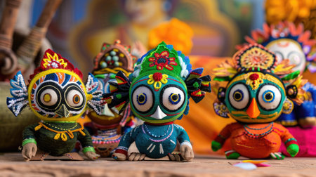 Close-up of Jagannath, Balabhadra, and Subhadra dolls used in Indian religious rituals and festivalsの素材