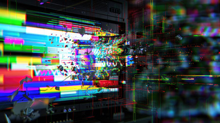 Abstract TV static with digital glitch effect and fractal noise patterns, retro-futuristic artの素材