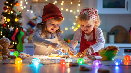 Happy children baking cookies in festive kitchen with Christmas lights and decorations aroundの素材